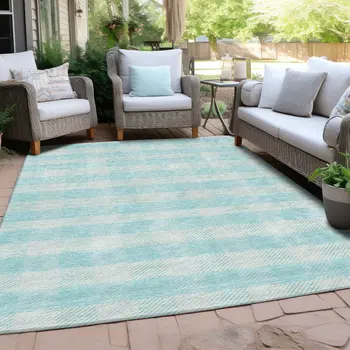 9' X 12' Aqua And Ivory Plaid Washable Indoor Outdoor Area Rug