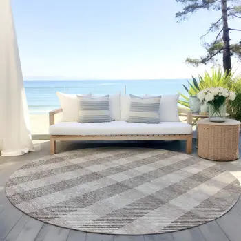 8' Beige And Brown Round Plaid Washable Indoor Outdoor Area Rug