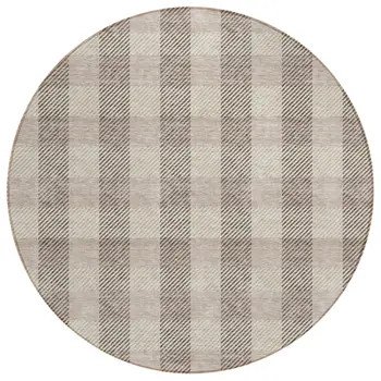 8' Beige And Brown Round Plaid Washable Indoor Outdoor Area Rug