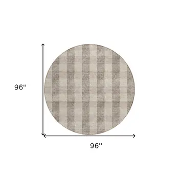 8' Beige And Brown Round Plaid Washable Indoor Outdoor Area Rug