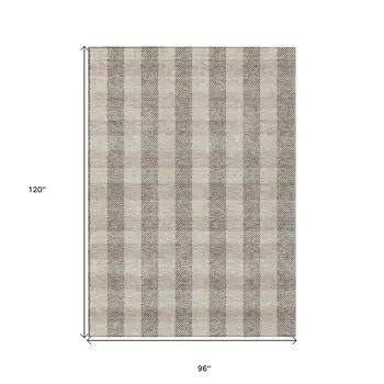 8' X 10' Beige And Brown Plaid Washable Indoor Outdoor Area Rug