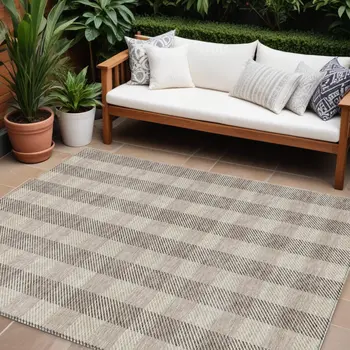 8' X 10' Beige And Brown Plaid Washable Indoor Outdoor Area Rug