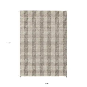 9' X 12' Beige And Brown Plaid Washable Indoor Outdoor Area Rug