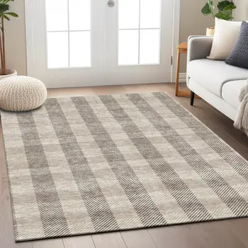 9' X 12' Beige And Brown Plaid Washable Indoor Outdoor Area Rug