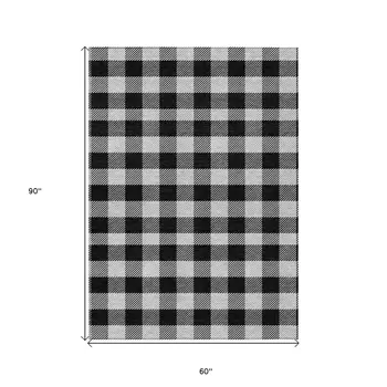5' X 8' Black Gray And Ivory Plaid Washable Indoor Outdoor Area Rug