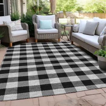 5' X 8' Black Gray And Ivory Plaid Washable Indoor Outdoor Area Rug