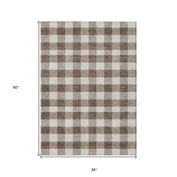 3' X 5' Brown And Beige Plaid Washable Indoor Outdoor Area Rug