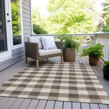 3' X 5' Brown And Beige Plaid Washable Indoor Outdoor Area Rug