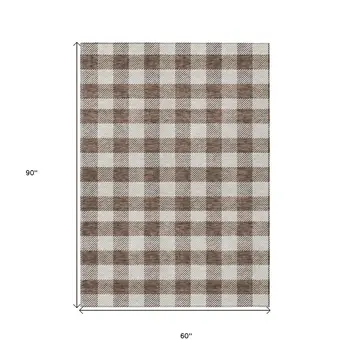 5' X 8' Brown And Beige Plaid Washable Indoor Outdoor Area Rug