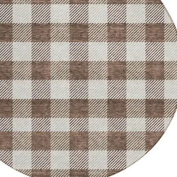 8' Brown And Beige Round Plaid Washable Indoor Outdoor Area Rug