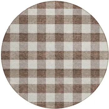 8' Brown And Beige Round Plaid Washable Indoor Outdoor Area Rug