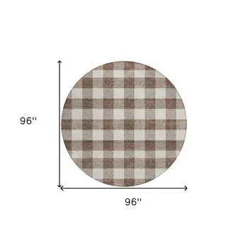 8' Brown And Beige Round Plaid Washable Indoor Outdoor Area Rug