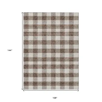 9' X 12' Brown And Beige Plaid Washable Indoor Outdoor Area Rug