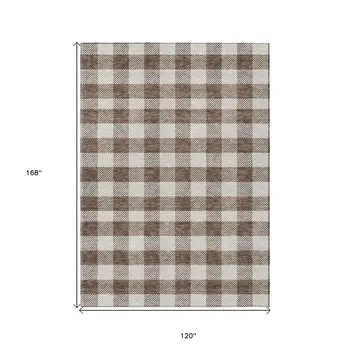 10' X 14' Brown And Beige Plaid Washable Indoor Outdoor Area Rug