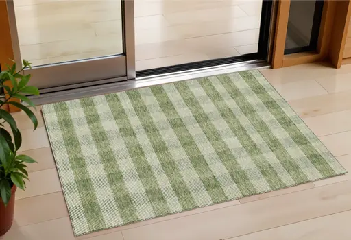 3' X 5' Green And Light Green Plaid Washable Indoor Outdoor Area Rug