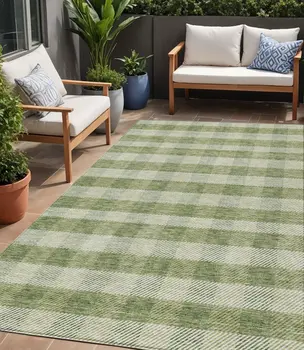 5' X 8' Green And Light Green Plaid Washable Indoor Outdoor Area Rug