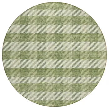 8' Green And Light Green Round Plaid Washable Indoor Outdoor Area Rug