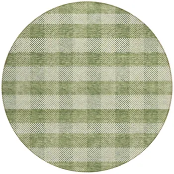 8' Green And Light Green Round Plaid Washable Indoor Outdoor Area Rug
