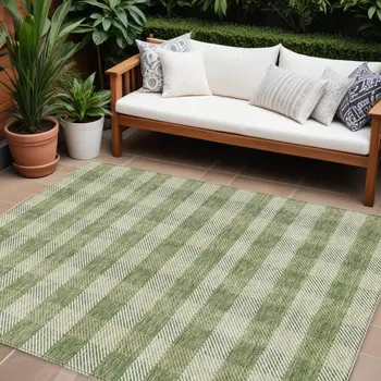 9' X 12' Green And Light Green Plaid Washable Indoor Outdoor Area Rug