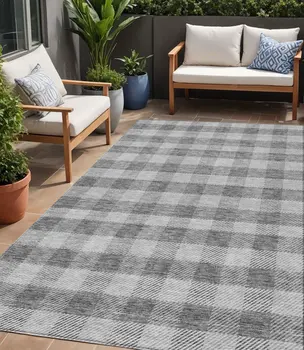 5' X 8' Gray And Charcoal Plaid Washable Indoor Outdoor Area Rug