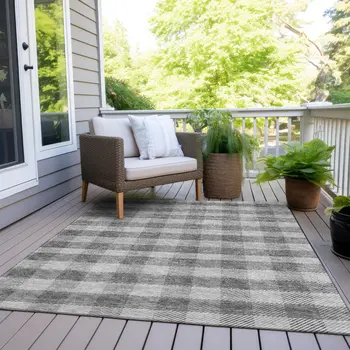 5' X 8' Gray And Charcoal Plaid Washable Indoor Outdoor Area Rug
