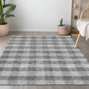 5' X 8' Gray And Charcoal Plaid Washable Indoor Outdoor Area Rug