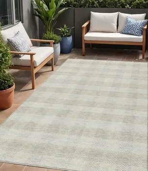 5' X 8' Ivory And Beige Plaid Washable Indoor Outdoor Area Rug