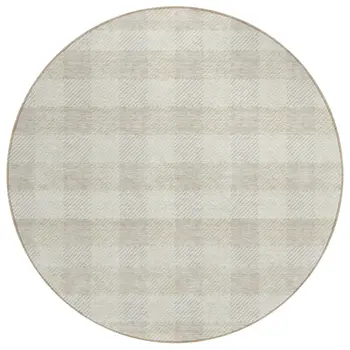 8' Ivory And Beige Round Plaid Washable Indoor Outdoor Area Rug