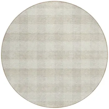 8' Ivory And Beige Round Plaid Washable Indoor Outdoor Area Rug