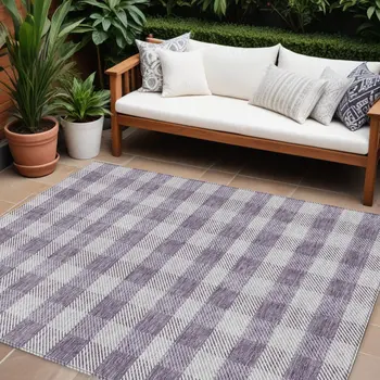 9' X 12' Lavender And Ivory Plaid Washable Indoor Outdoor Area Rug