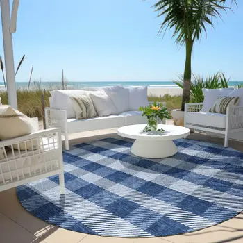 8' Navy Blue And Ivory Round Plaid Washable Indoor Outdoor Area Rug