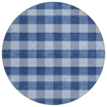 8' Navy Blue And Ivory Round Plaid Washable Indoor Outdoor Area Rug