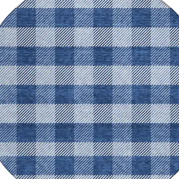 8' Navy Blue And Ivory Round Plaid Washable Indoor Outdoor Area Rug