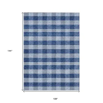 9' X 12' Navy Blue And Ivory Plaid Washable Indoor Outdoor Area Rug