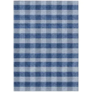 9' X 12' Navy Blue And Ivory Plaid Washable Indoor Outdoor Area Rug