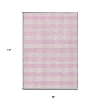 5' X 8' Pink And Gray Plaid Washable Indoor Outdoor Area Rug