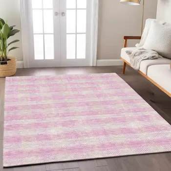 5' X 8' Pink And Gray Plaid Washable Indoor Outdoor Area Rug