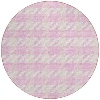 8' Pink And Gray Round Plaid Washable Indoor Outdoor Area Rug