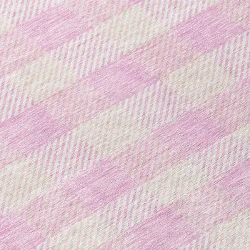 8' Pink And Gray Round Plaid Washable Indoor Outdoor Area Rug
