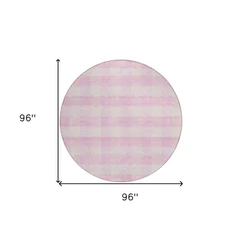 8' Pink And Gray Round Plaid Washable Indoor Outdoor Area Rug