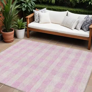 10' X 14' Pink And Gray Plaid Washable Indoor Outdoor Area Rug