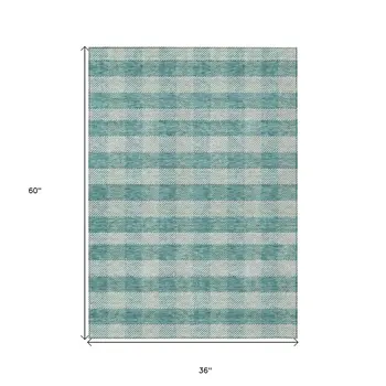 3' X 5' Teal Blue And Ivory Plaid Washable Indoor Outdoor Area Rug
