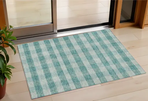 3' X 5' Teal Blue And Ivory Plaid Washable Indoor Outdoor Area Rug