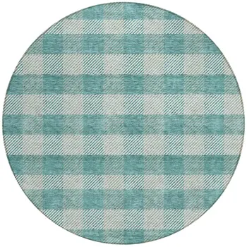 8' Teal Blue And Ivory Round Plaid Washable Indoor Outdoor Area Rug