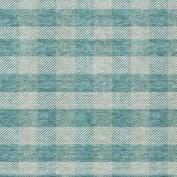 9' X 12' Teal Blue And Ivory Plaid Washable Indoor Outdoor Area Rug