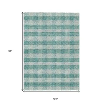 10' X 14' Teal Blue And Ivory Plaid Washable Indoor Outdoor Area Rug