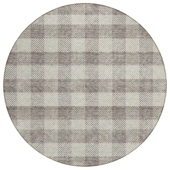 8' Taupe And Gray Round Plaid Washable Indoor Outdoor Area Rug