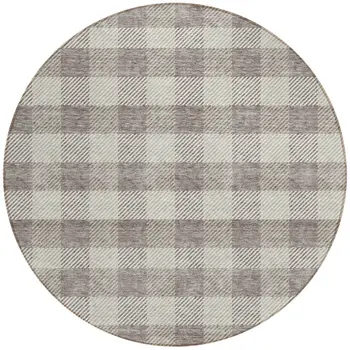 8' Taupe And Gray Round Plaid Washable Indoor Outdoor Area Rug