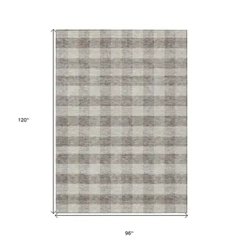 8' X 10' Taupe And Gray Plaid Washable Indoor Outdoor Area Rug