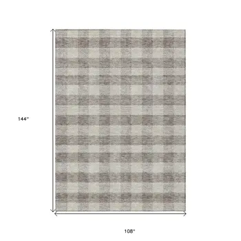9' X 12' Taupe And Gray Plaid Washable Indoor Outdoor Area Rug